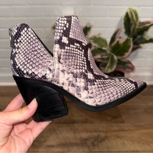 Vince Camuto Gigietta Black and White Snakeskin Chunky Heeled Boots